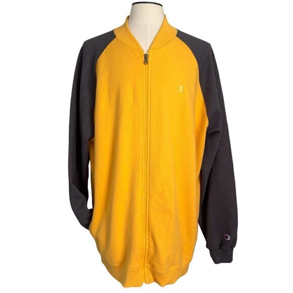 Champion Men’s XXL Sweatshirt Polyester Fleece Full Zip Logo Pockets Yellow Gray - Picture 1 of 5